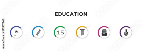 education filled icons with infographic template. glyph icons such as flag point, dna strand, numbers, greek pillar, archives, full test tube vector.