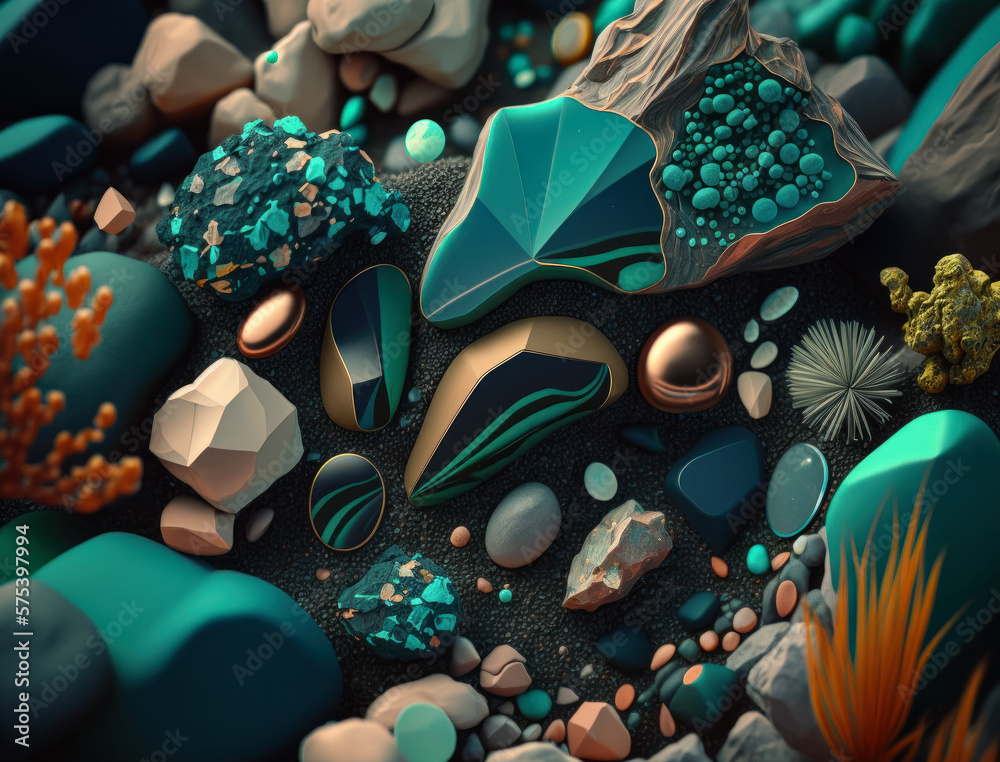 This abstract composition of layered geometric shapes in coral and malachite colors. Bottom of the sea illustration. Created with Generative AI technology