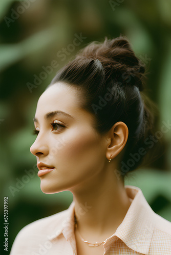 Profile Portrait of a Woman with Brunette Bun created with generative AI technology photo