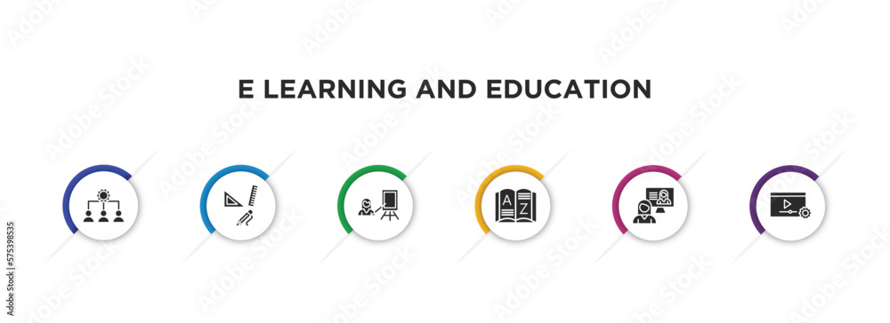 e learning and education filled icons with infographic template. glyph icons such as sociology, study tools, instructor, vocabulary, interactive course, tutorial vector. - obrazy, fototapety, plakaty 