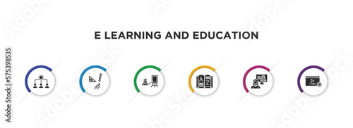 e learning and education filled icons with infographic template. glyph icons such as sociology, study tools, instructor, vocabulary, interactive course, tutorial vector.