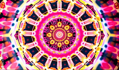 A close-up of a kaleidoscopic mandala, featuring intricate geometric patterns in shades of pink, blue, and yellow