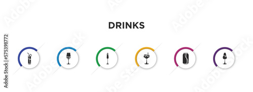 drinks filled icons with infographic template. glyph icons such as blue lagoon, glass with wine, french 75, last word drink, , wine toast vector.