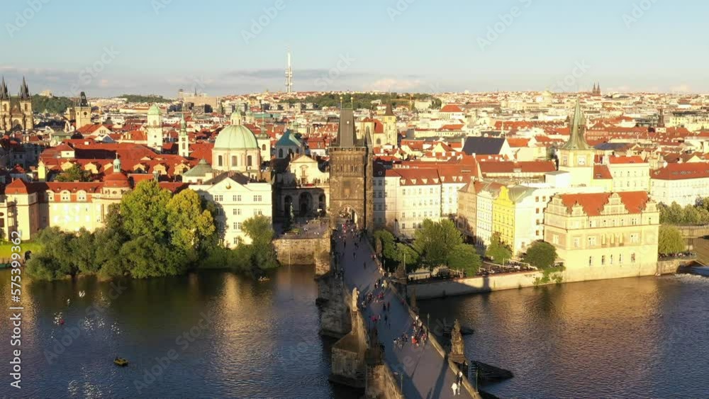 Prague Old Town in Czech Republic with Famous Sightseeing Places in Background. Charles Bridge Iconic 14th century Structure with View, Vltava river and Prague Cityscape. Must Visit City. Drone Prague Old Town in Czech Republic with Famous Sightseeing Places in Background. Charles Bridge Iconic 14th century Structure with View, Vltava river and Prague Cityscape. Must Visit City. Drone