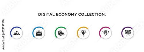 digital economy collection. filled icons with infographic template. glyph icons such as hierarchical structure, briefcase, thinking, light bulb, wireless, presentation vector.