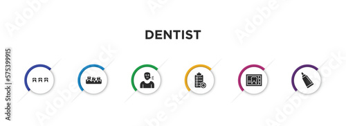 dentist filled icons with infographic template. glyph icons such as dental brackets, malocclusion, sick boy, medical list, dental x ray, toothpaste tube vector.