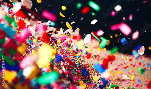 A close-up of a multicolored confetti explosion, featuring a mix of bold shapes and sizes