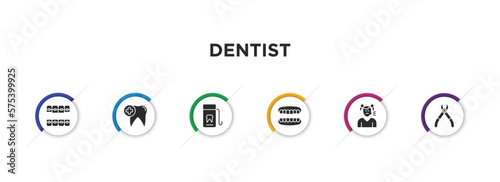 dentist filled icons with infographic template. glyph icons such as lingual braces, dental care, dental floss, dentures, sick girl, tooth pliers vector.