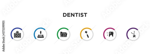 dentist filled icons with infographic template. glyph icons such as aid, interproximal, dental folder, mouth mirror, healthy tooth, tooth extraction vector.