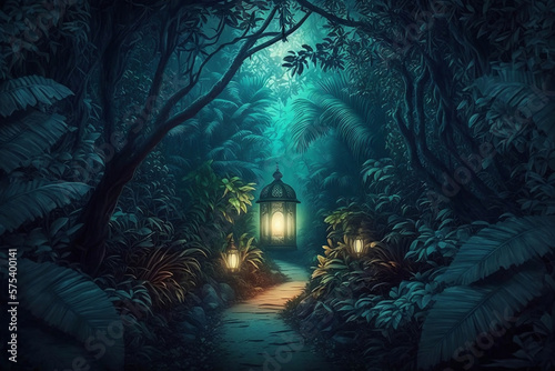 Nighttime journey through a mysterious tropical forest with a magical light in a fairytale jungle  Generative Ai