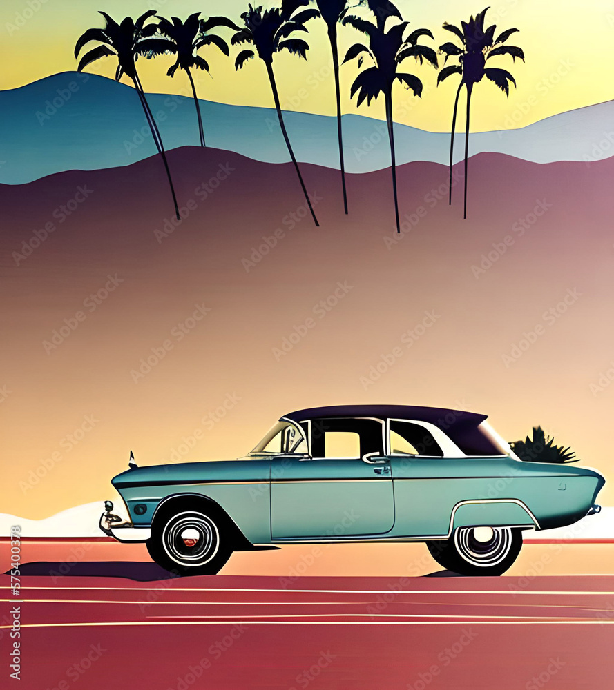 Cartoon touristic retro car illustration. AI generated illustration