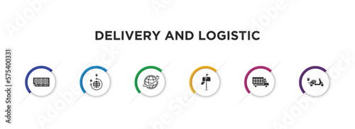 delivery and logistic filled icons with infographic template. glyph icons such as bar code, distribution, worldwide delivery, postbox, delivery date, scooter vector.