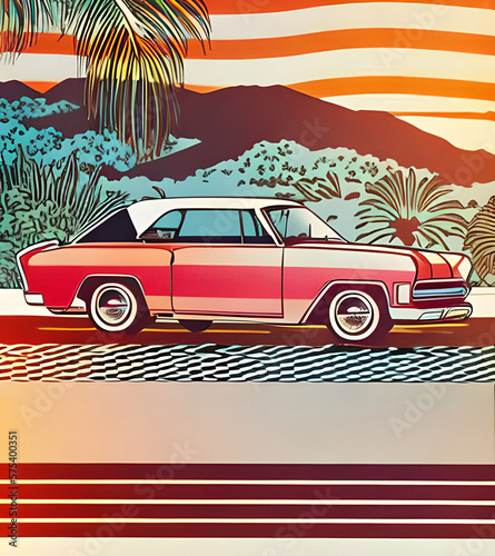 Cartoon touristic retro car illustration. AI generated illustration photo
