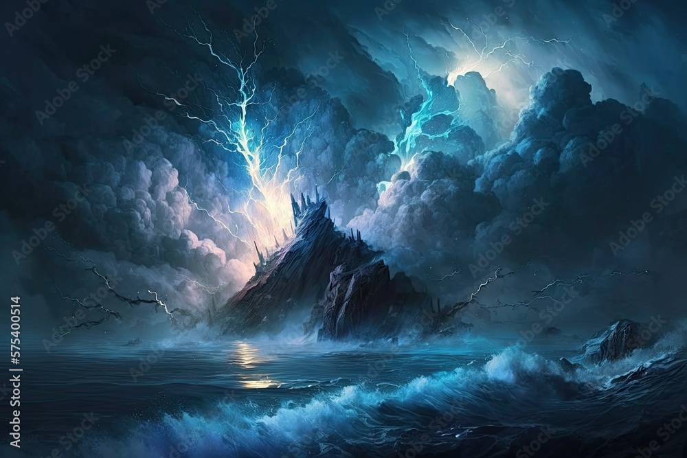 Lightning storm at sea. Isle Adrift in the Ocean. The Clouds, the River, and the Sky. Amazing seascape. Visualization of an imagined setting. Artwork for a book. In Game Cutscene High Quality Digital