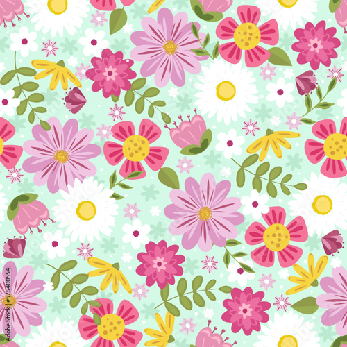 Cute seamless pattern with white beautiful flowers and leaves