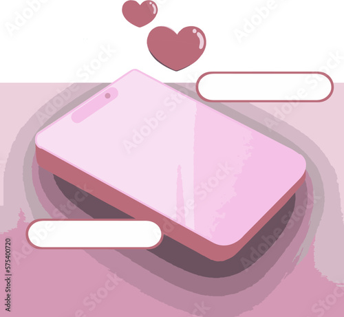 smartphone with messages bubbles and pink heart, mobile phone mock-up with couples bubbles, love chat bubbles, and smartphone mock-up for phone advertisement.