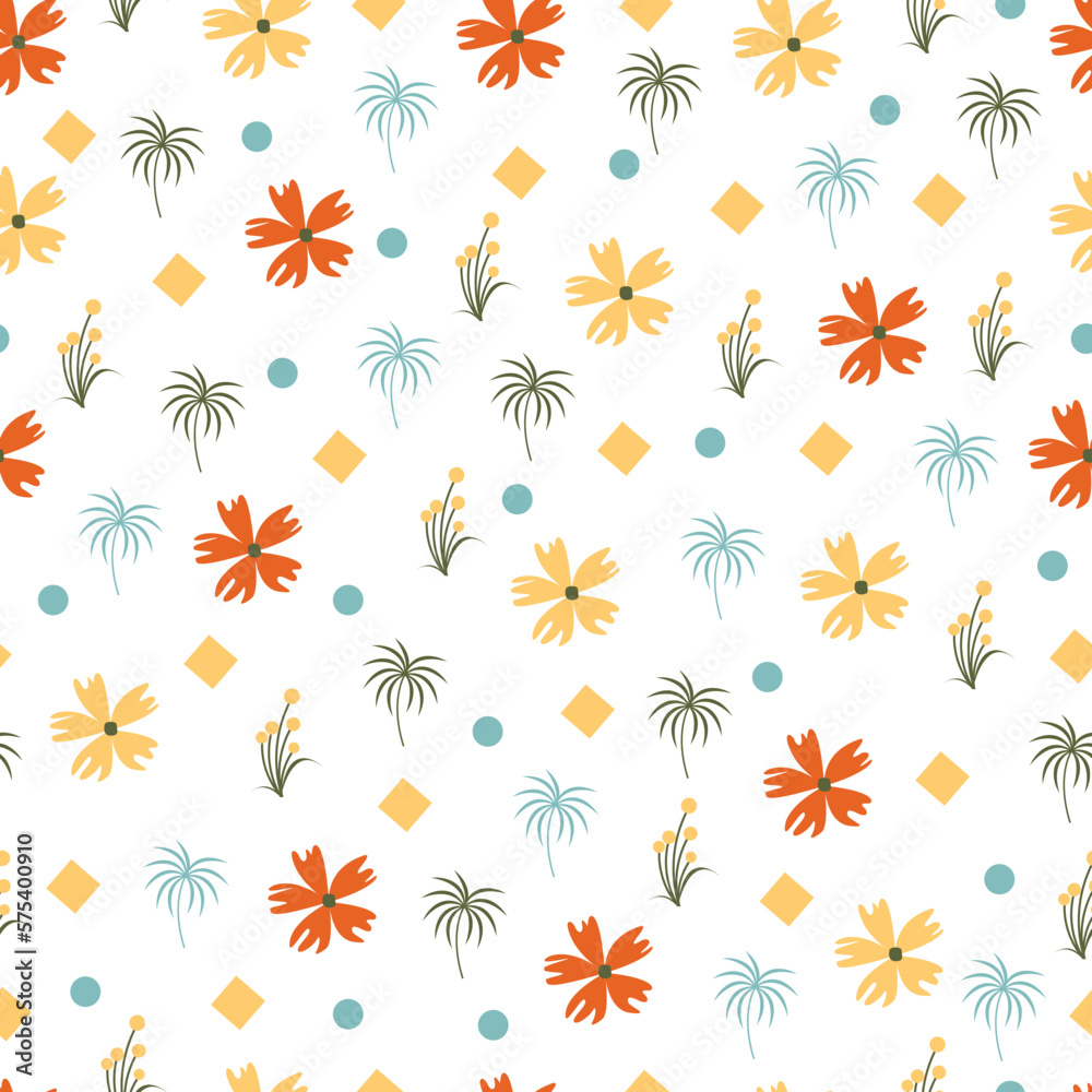 Allover printed floral seamless surface pattern of bunch of aesthetic flowers, polkadots and squares. Exquisite floral arrangement Allover printed floral seamless surface pattern of bunch of aesthetic flowers, polkadots and squares. Exquisite floral arrangement
