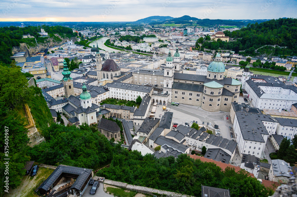 Beautiful view of Salzburg skyline with Festung Hohensalzburg and Salzach river in summer, Salzburg,Austria