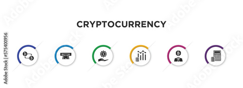 cryptocurrency filled icons with infographic template. glyph icons such as peer to peer, withdraw, fintech industry, budget diagram, investor, budget accounting vector.