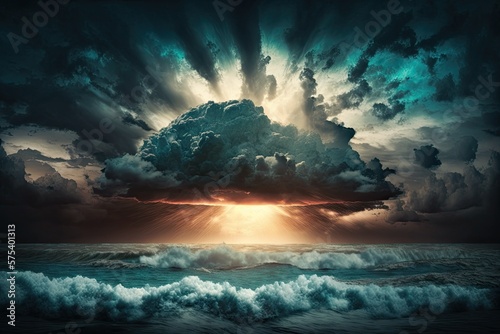 Dramatic seascape with darkening clouds and a white capped ocean before a storm. Generative AI