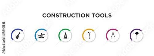 construction tools filled icons with infographic template. glyph icons such as scratcher tool, polishers, traffic cone, screw, plier, jackhammer vector.