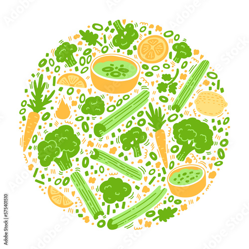 Сauliflower carrot and celery doodle color. Healthy eating, plant based food concept. Vegan Buffalo wings made from broccoli. Celery, carrot, cauliflower with Ranch dressing. Vegan ranch doodle.
