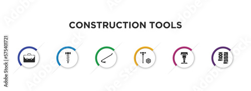 construction tools filled icons with infographic template. glyph icons such as businessman portfolio, garage screw, crowbar, nuts and bolts, rammer, wallpaper vector.