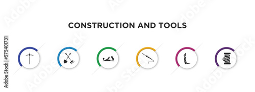 construction and tools filled icons with infographic template. glyph icons such as pickaxe, shovel and fork, planer, solder, jackknife, copper vector.