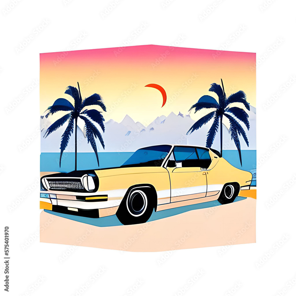 Cartoon touristic retro car illustration. AI generated illustration