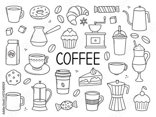 Coffee time doodle set. Teapots, cups, turk and sweets in sketch style.  Vector illustration isolated on white background.