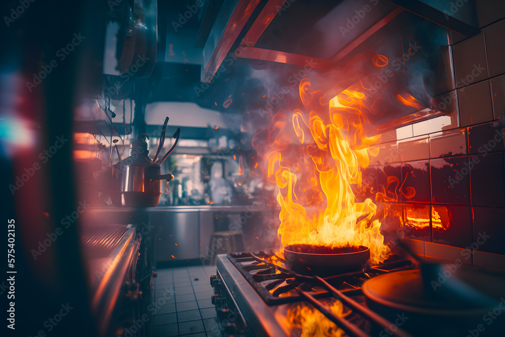 Stove ignited in the kitchen during cooking, smoke and soot around, fire at home. Stove ignited in the kitchen during cooking, smoke and soot around, fire at home.