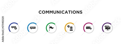 communications filled icons with infographic template. glyph icons such as chat message, swearing, waving flag, woman file, delete email, live news report vector.