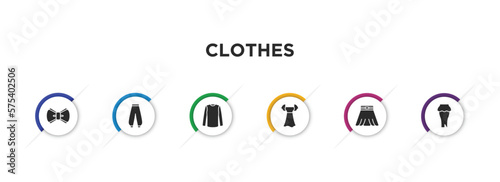 clothes filled icons with infographic template. glyph icons such as bow tie, harem pants, long sleeves t shirt, chiffon dress, circle skirt, peplum skirt vector.