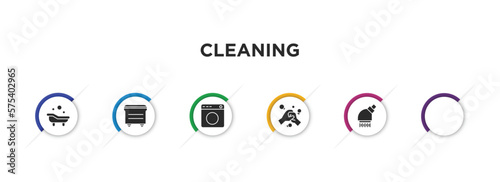 cleaning filled icons with infographic template. glyph icons such as squeeze, bathtub cleaning, dumpster, laundry, washing hand, shower head vector.