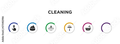 cleaning filled icons with infographic template. glyph icons such as dish soap, tap, cream, emulsion, window cleaner, water soak vector.
