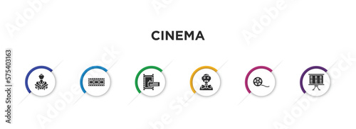 cinema filled icons with infographic template. glyph icons such as hitman, film, subtitle, ventriloquist, movie reel, storyboard vector.