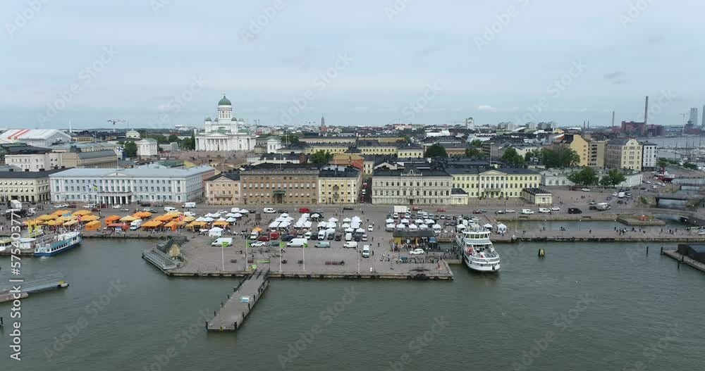 Helsinki Downtown Cityscape, Finland. Cathedral Square, Market Square, Sky Wheel, Port, Harbor in Background. Drone Point of View Helsinki Downtown Cityscape, Finland. Cathedral Square, Market Square, Sky Wheel, Port, Harbor in Background. Drone Point of View