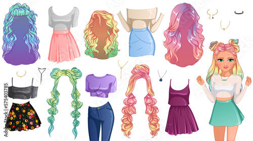 Rainbow Hair Cute Cartoon Character Paper Doll with Hairstyles, Clothing and Accessories. Vector Illustration photo