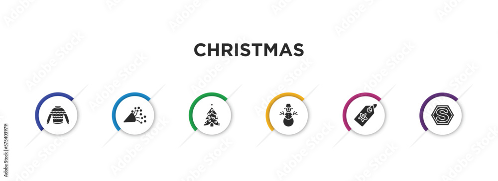 christmas filled icons with infographic template. glyph icons such as winter sweater, birthday and party, christmas, happy snowman, gift tag, letter shadow vector. christmas filled icons with infographic template. glyph icons such as winter sweater, birthday and party, christmas, happy snowman, gift tag, letter shadow vector.