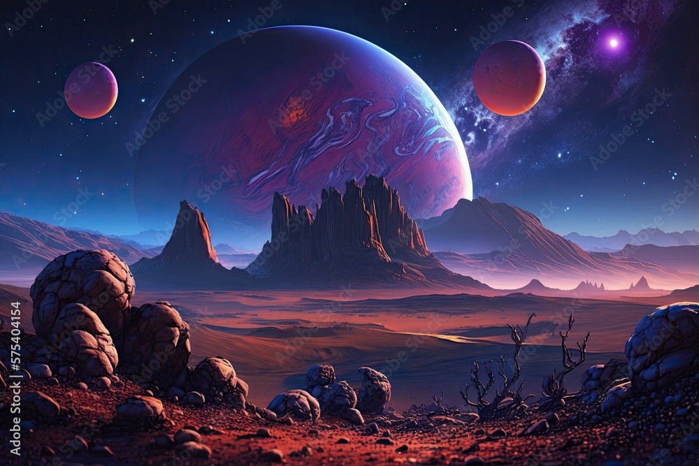 Fototapeta premium Scenes of nature on another world, with a massive planet visible in the distance. Large planets against a purple sky and a starry Martian landscape dotted with meteors and mountains. Generative AI