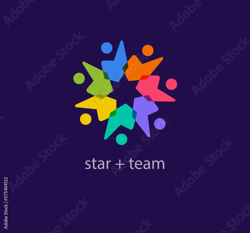 Unique star and connected people logo. Modern color transitions. Star cycle logo template. vector.