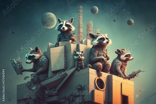 group of raccoons on top of a building created with Generative AI technology