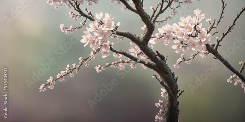 Closeup of blossoming sakura tree branches with fresh flowers. Ornated and stulized. AI generated illustration photo