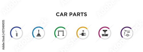 car parts filled icons with infographic template. glyph icons such as car pedal, car handbrake, torsion bar, distributor, rear-view mirror, boot vector.