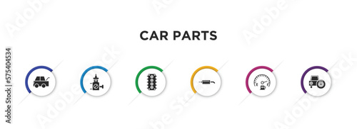 car parts filled icons with infographic template. glyph icons such as car taiate, car choke, cylinder head, silencer, petrol gauge, spare wheel vector.