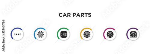 car parts filled icons with infographic template. glyph icons such as car parking light, car sprocket, fog lamp, ignition, hazard lights, ammeter vector.