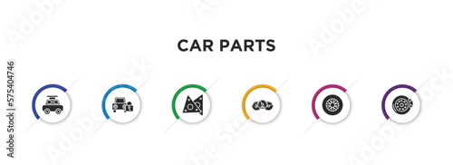 car parts filled icons with infographic template. glyph icons such as car roof, car lock, gasket, dashboard, tyre, brake vector.