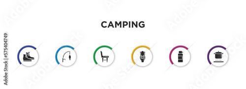 camping filled icons with infographic template. glyph icons such as boots shoes, fishing rod, chair, toilet, thermo, pot on fire vector.