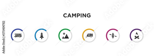 camping filled icons with infographic template. glyph icons such as camper van, tree, mountain, camper, canoe, campfire vector.