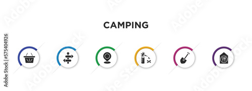 camping filled icons with infographic template. glyph icons such as basket, direction, location, firewood, shovel, canteen vector.